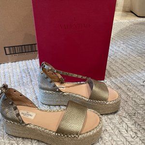 Valentino Rockstud Metallic Wedge Espadrille Sandal